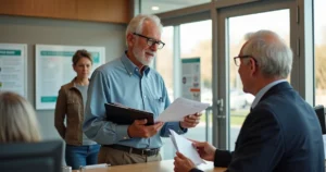 Homem idoso entregando documentos para renovação da carteira de habilitação no balcão de atendimento.