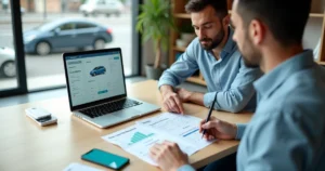 Motorista e consultora analisando parcelas do seguro veicular em tela com gráficos