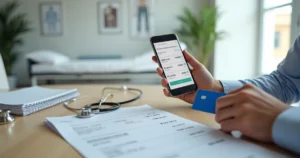 Pessoa usando cartão de crédito para parcelar contas médicas em app de celular ao lado de prontuário em mesa de consultório