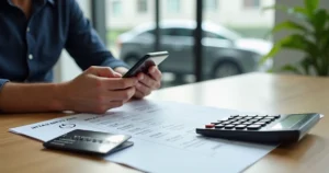 Motorista calculando o parcelamento do IPVA 2026 com cartão de crédito e aplicativo de smartphone.