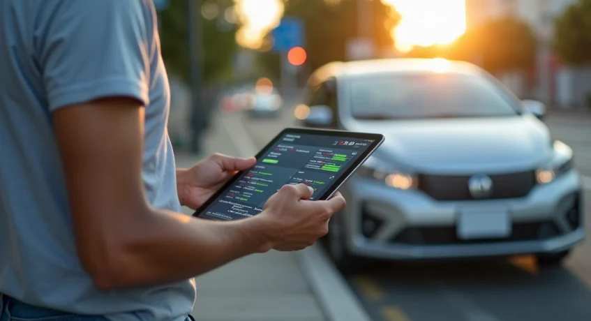 Motorista analisando débitos do veículo em tablet ao lado do carro estacionado