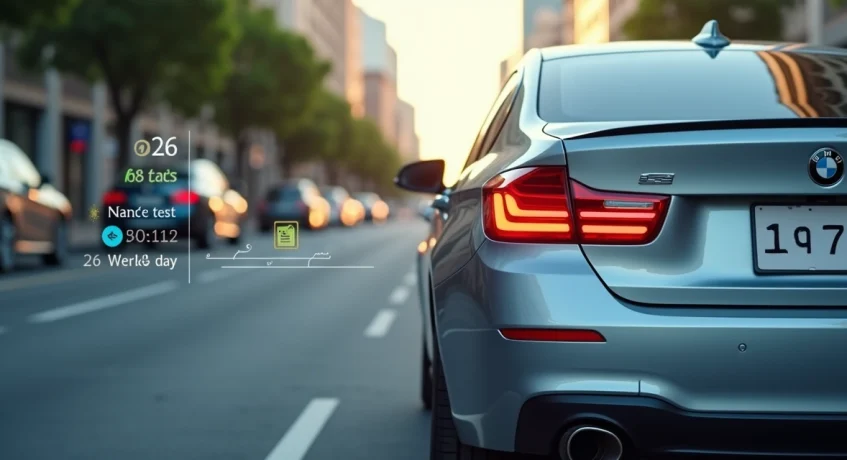 Carro em via urbana com placa destacada e calendário de licenciamento ao fundo