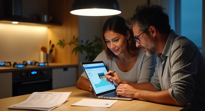 Casal na cozinha analisando conta de gás com cartão de crédito e notebook sobre a mesa