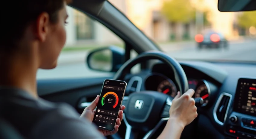Motorista dentro do carro consultando score no celular com gráficos na tela