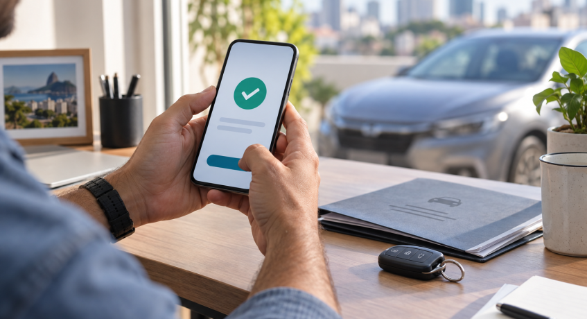 Motorista consulta no celular a confirmação do pagamento dos débitos do veículo