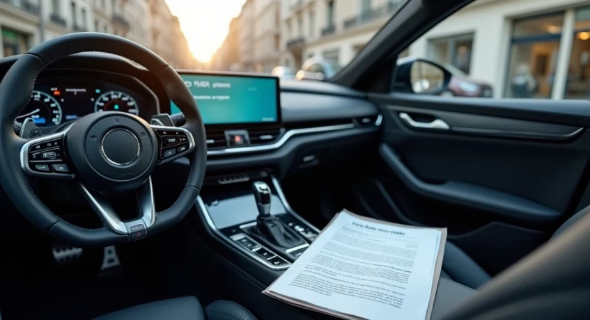 Painel do carro com tela de registro digital do veículo mostrando notificação de dívida e documento legal na lateral