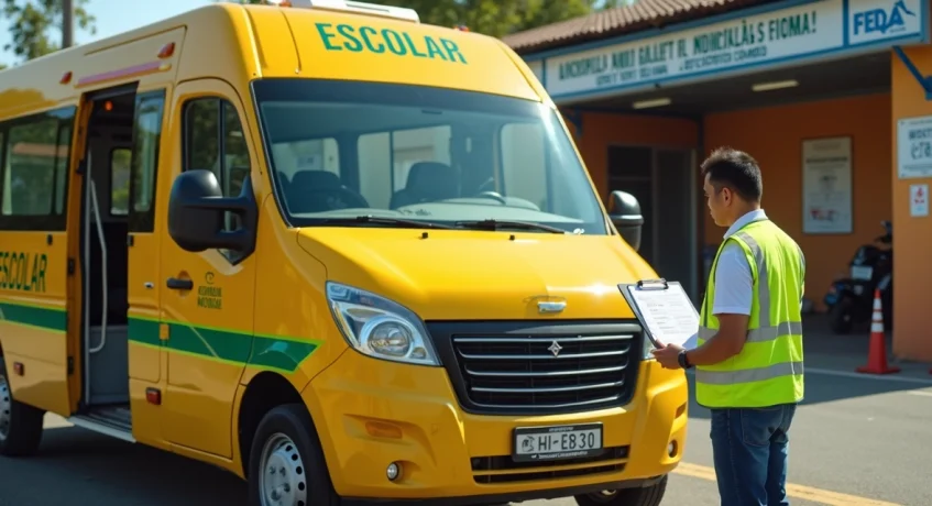 Inspetor verificando itens de segurança de uma van escolar amarela com uma lista de verificação na área de inspeção.