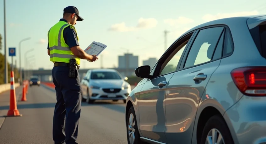 Carro parado em um posto de fiscalização na beira da estrada, com um policial e o motorista conversando.